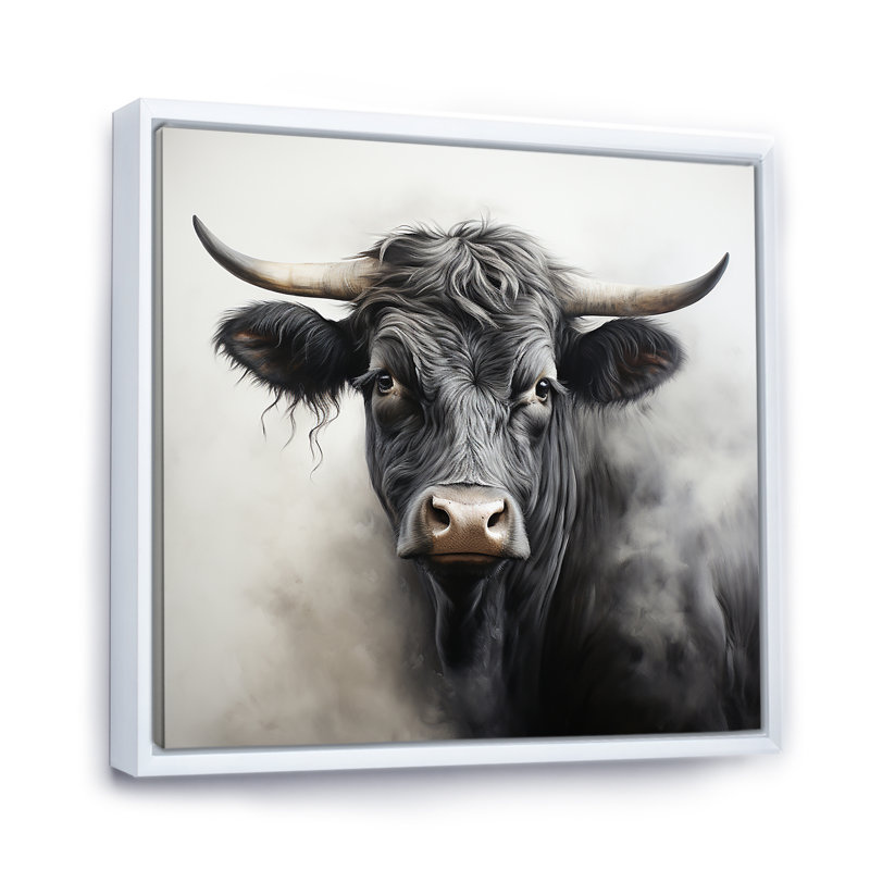 Fumée, vache noire, portrait I - vache, art mural, Cadre flottant blanc, H 30 po x l 30 po x P 1,5 po