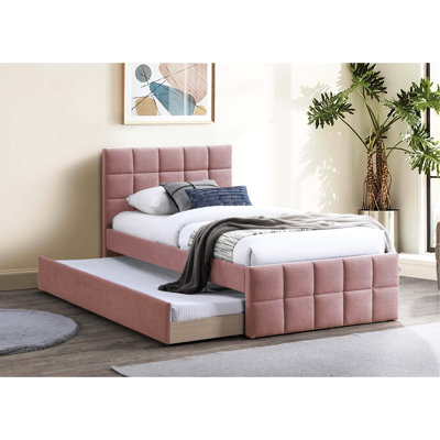 Lit double pleine grandeur avec lit gigogne et tête de lit tapissier à motif quadrillé pour la chambre à coucher contemporaine