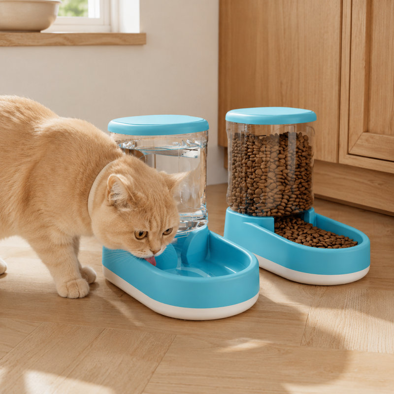 Ensemble de 2 distributeurs d'eau et de nourriture pour animaux de compagnie à gravité avec réservoirs transparents, Gris