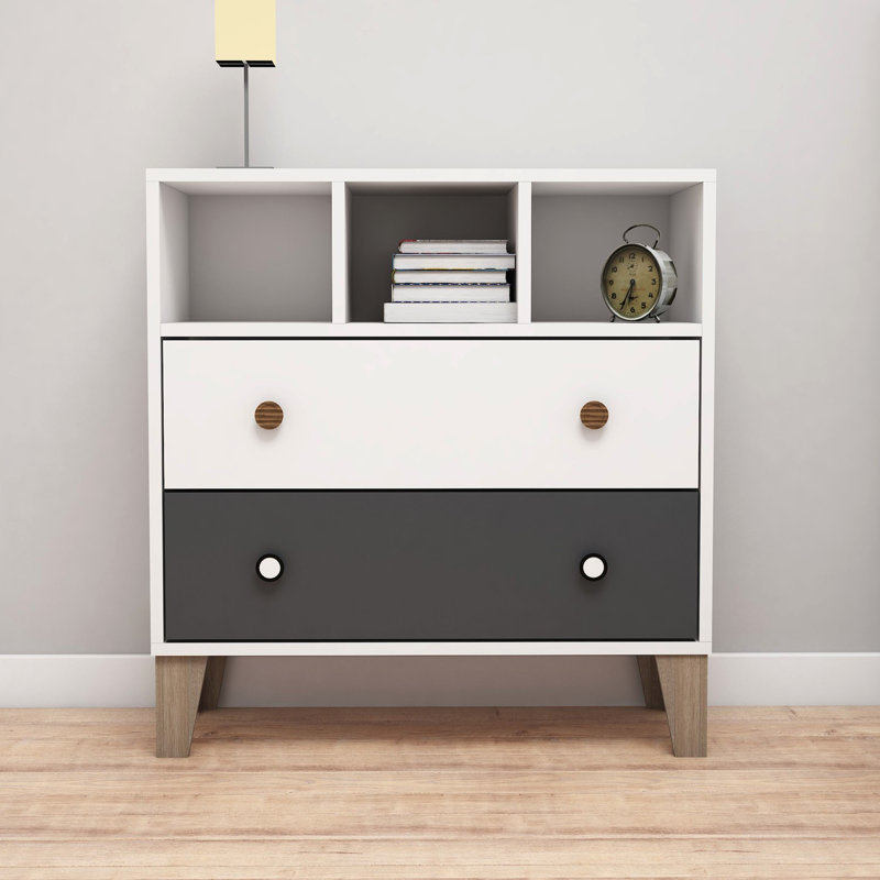 Commode 2 tiroirs Burrier, Blanc / gris anthracite