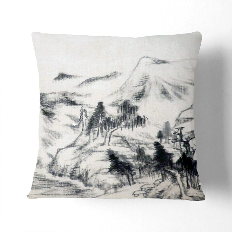 Mountain and Trees by Bada Shanren Cushion with Filling, 40cm H x 40cm W x 15cm D, Black
