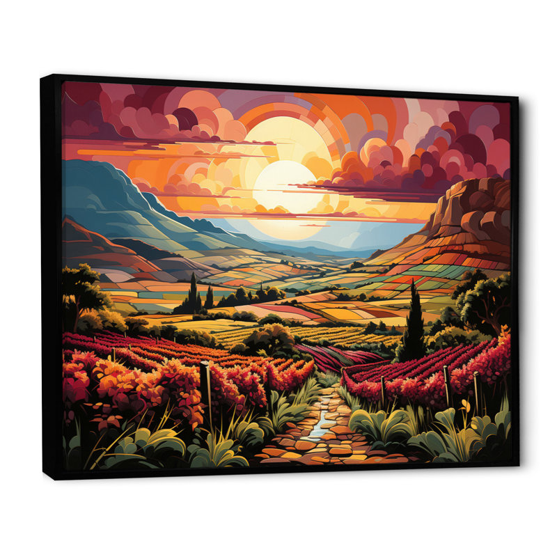 «Vineyard Sunset Rows Of Ruby Landscape II», reproduction sur toile, Cadre flottant noir, H 16 po x l 32 po x P 1 po