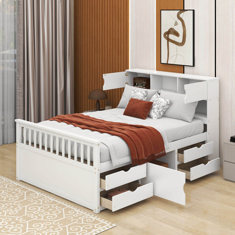 Structure de lit plateforme double pleine grandeur avec bibliothèques de rangement et tablettes, quatre tiroirs, Blanc