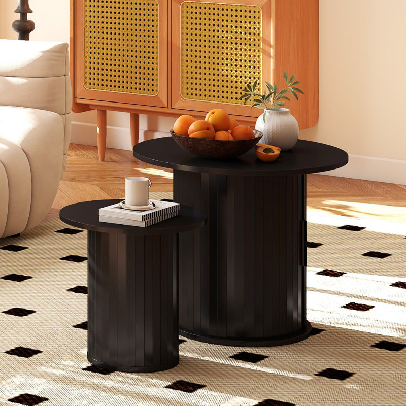 Wooden Nesting Of Coffee Table With Hidden Storage Space, Set Of 2 Round Top Coffee Table Sets With Metal Frame, Black