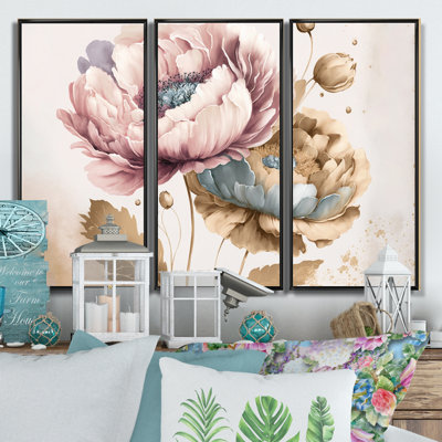 «Pink and Gold Poppy Flowers II», reproduction de cadre flottant sur toile 3 pièces