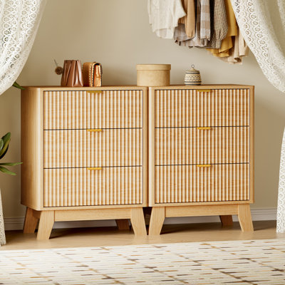 23.6" Wide Fluted Nightstand Set of 2, Wooden Bedside End Table with Storage Drawers and Splayed Legs