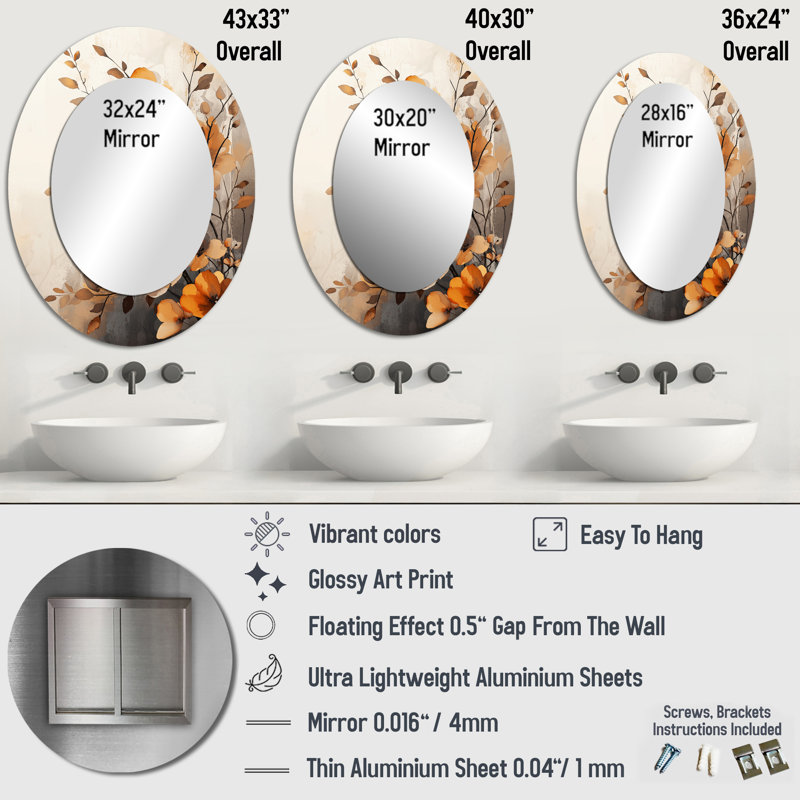 Miroir mural ovale orange et gris, 36 po x 24 po