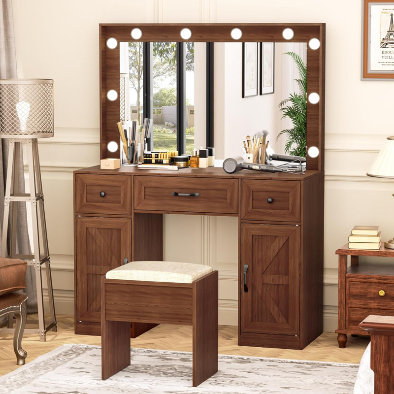 Makeup Vanity Desk with Large Mirror and 10 LED Lights, Outlet and stool included(Black), Brown
