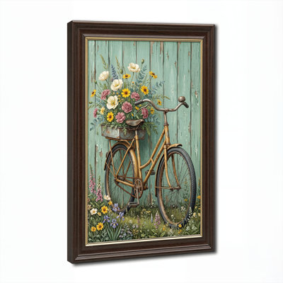 Art mural antique sur toile encadré doré pour le salon, la chambre à coucher, le bureau ou le vestibule - Décoration murale décorative avec vélo floral