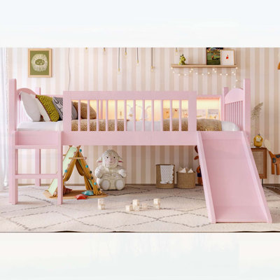 Lit mezzanine simple avec tablettes de rangement, lit mezzanine inférieur en bois massif avec lumières DEL et garde-corps pleine longueur, aucun sommier tapissier requis, rose