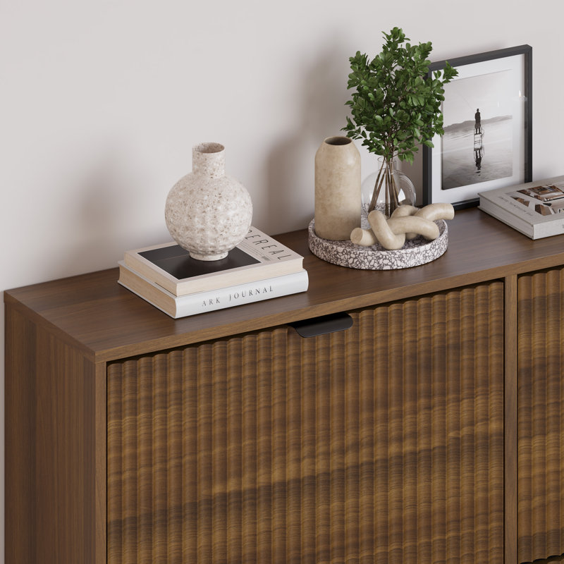 33-inch Wavy-Patterned Four-Door Shoe Cabinet with Grooved Flip-Top Drawers and Moisture-Resistant Countertop, Natural