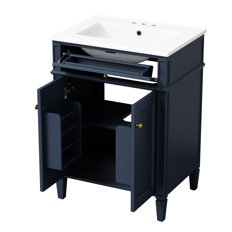 Meuble-lavabo rectangulaire 24 po avec lavabo en céramique à 2 portes et poignées en fer, Bleu très foncé, 24"