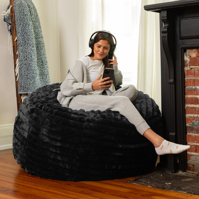 Saxx 4Ft - Large Round Bean Bag For Adults - Luxuriously Soft Plush Faux Fur, Black Faux Fur