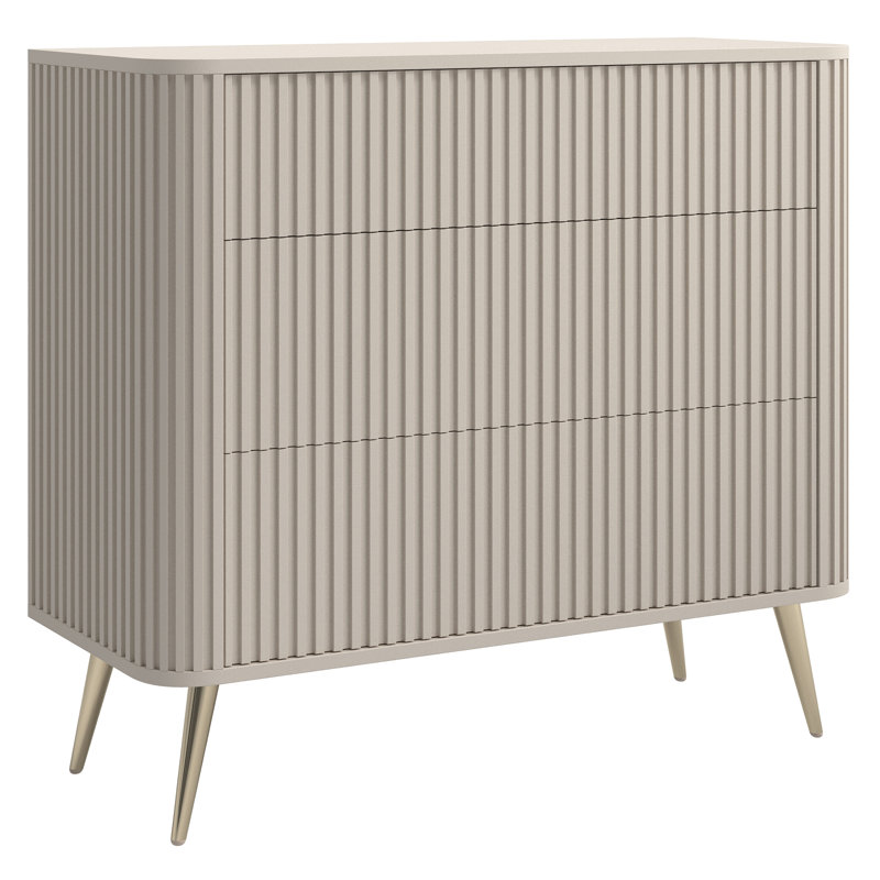 Chest of Drawers with Fluted Fronts and Three Drawers, Beige/Gold