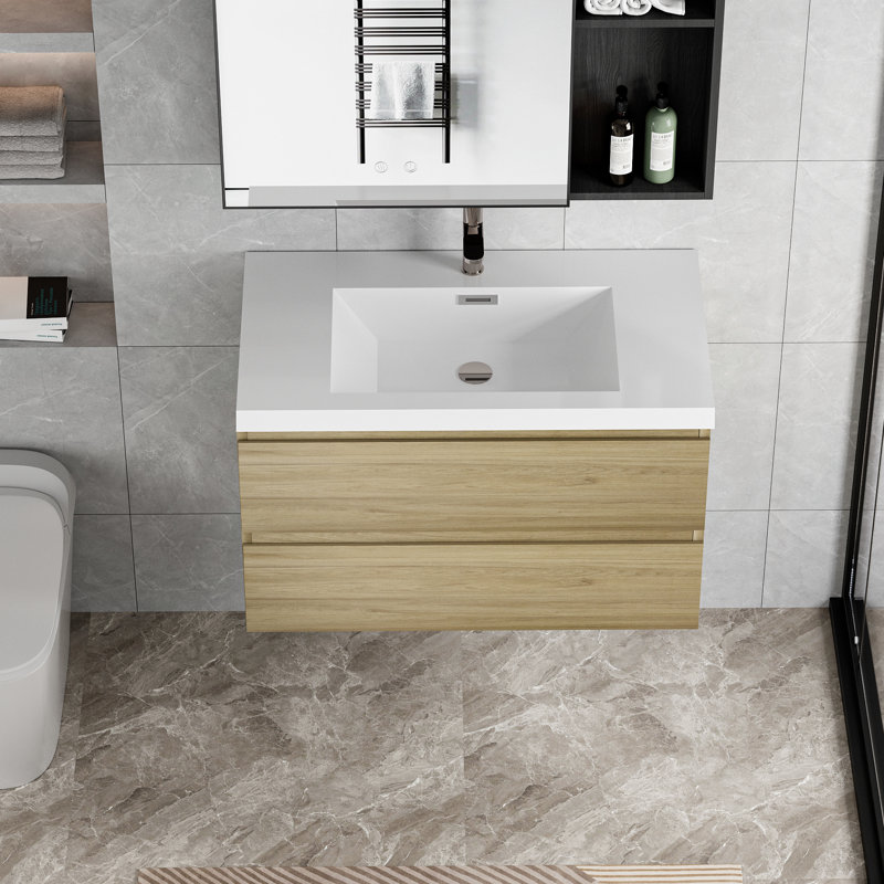 Meuble-lavabo 36 po, finition chêne naturel avec lavabo en résine et évier moderne à tiroir spacieux