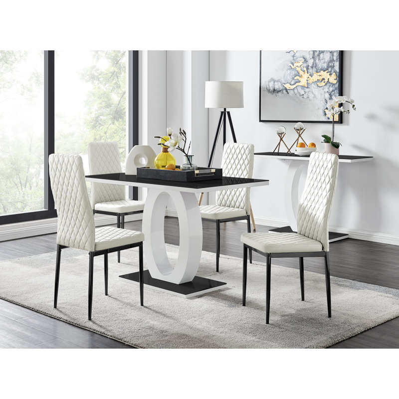 Scottsmoor High Gloss Halo Dining Table Set & 4 Luxury Faux Leather Dining Chairs - Modern Design, White/Black