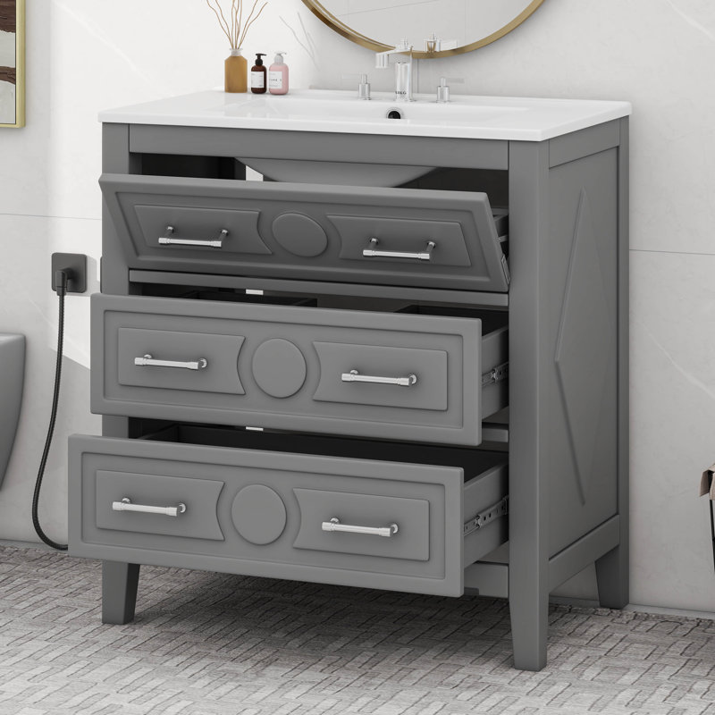 Ensemble de meuble-lavabo simple 30 po avec lavabo en céramique 30 po et 3 tiroirs, Gris, Argent argent