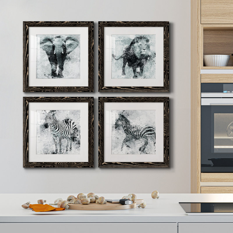 Proud Elephant - ensemble de 4 photos sur toile tendues, H 17 po x l 34 po x P 1,5 po, Toile avec cadre noir