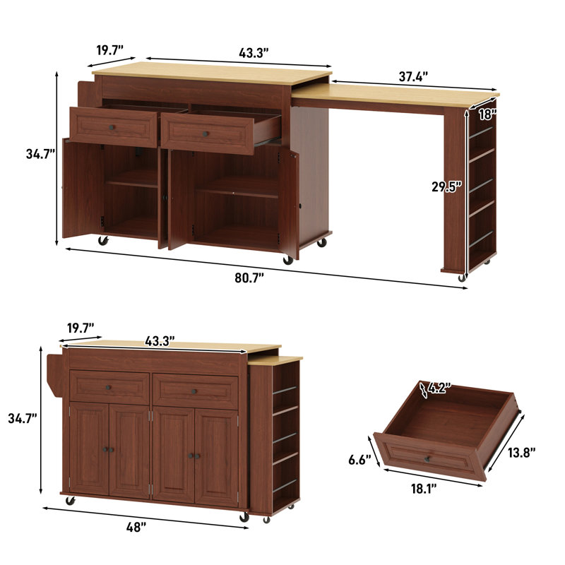 80.63" Extendable Kitchen Island With Power Outlet, 2 Storage Drawers, Open Shelves, Brown