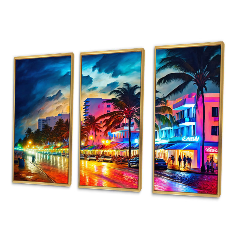 «Seline Seline Miami Beach Holidays 4 Architecture», reproduction de 3 pièces, H 28 po x l 36 po x P 1 po, Encadrement doré