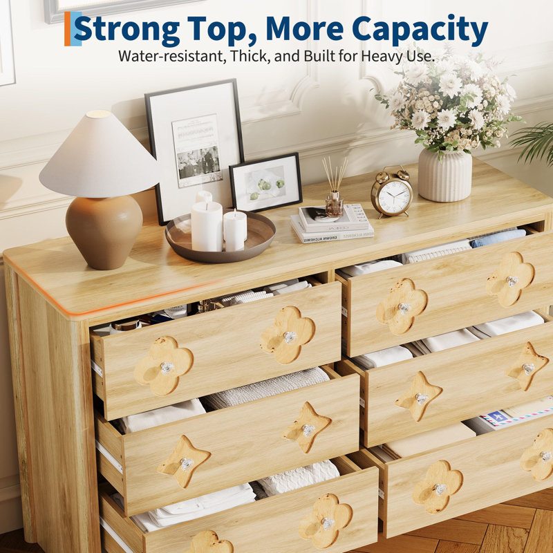 47.2" Wide 6 Drawer Wood Dresser with Crystal Knobs, Wide Bedroom Storage Chest TV Stand Organizer, Natural