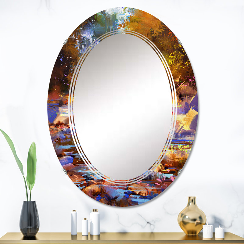 Fall River Lines avec des pierres colorées en forêt - miroir mural traditionnel ovale, 36 po x 24 po