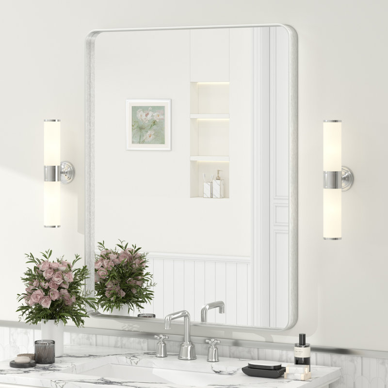 Molly Tempered Glass and Metal Framed French Cleat Mounted Wall Bathroom / Vanity Mirror, 36" x 28", Silver