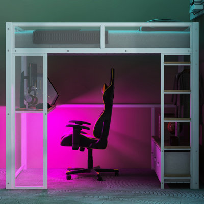 Lit mezzanine de jeu en métal blanc avec tiroirs à DEL, bureau et rangement, pleine grandeur - option de chambre à coucher à 3 tiroirs en lin