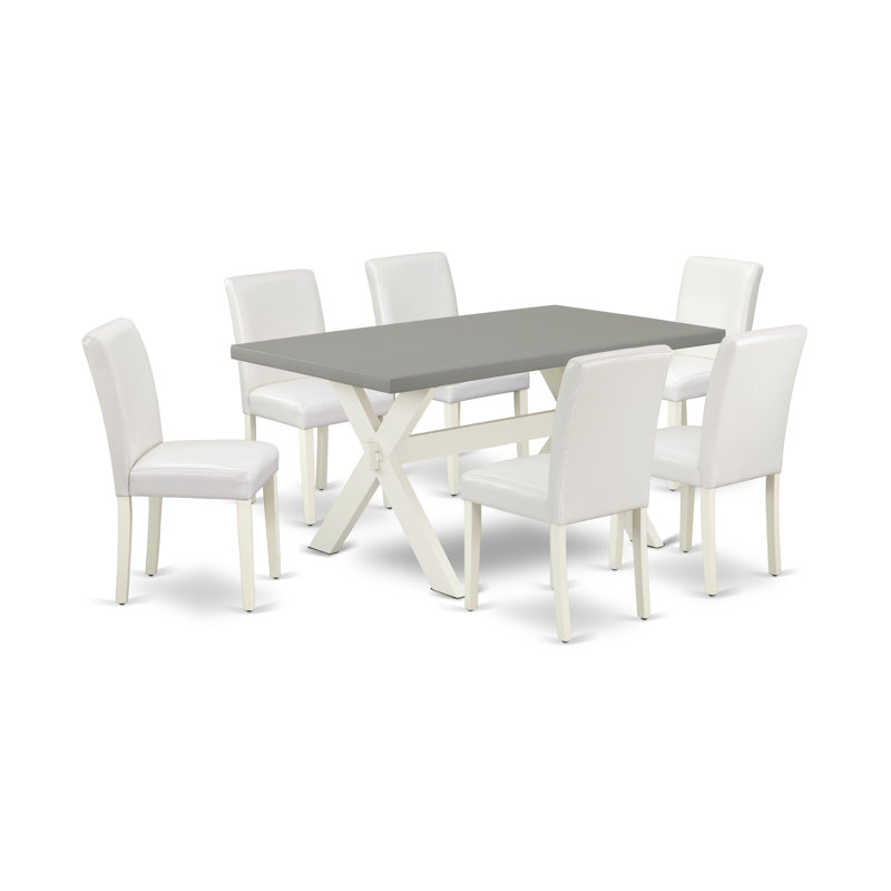 7 Piece Modern Dining Table Set Consist of a Rectangle Wooden Table with X-Legs and 6 White Faux Leather Upholstered Parson Chairs, Wire Brushed Linen White 