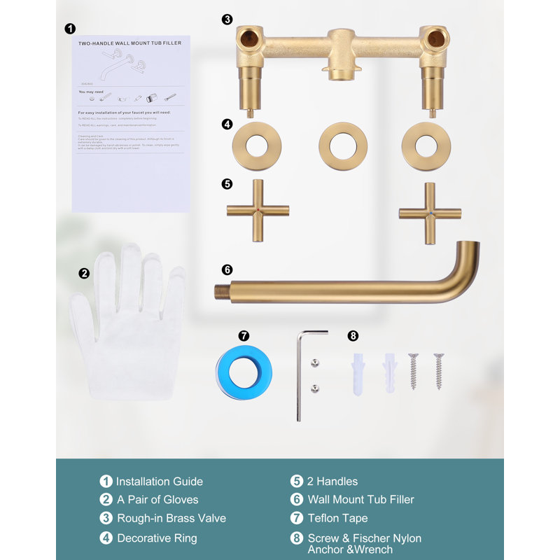 2-Handle Wall Mounted Cross Handle Antique Bathtub Roman Tub Faucet, Gold