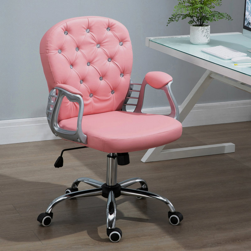 Pu Leather Home Office Chair In Pink, Button Style, With Padding, Adjustable Height And Tilt Function For Comfort Desk Pattern, Padded , Swivel Movement A Modern Workspace