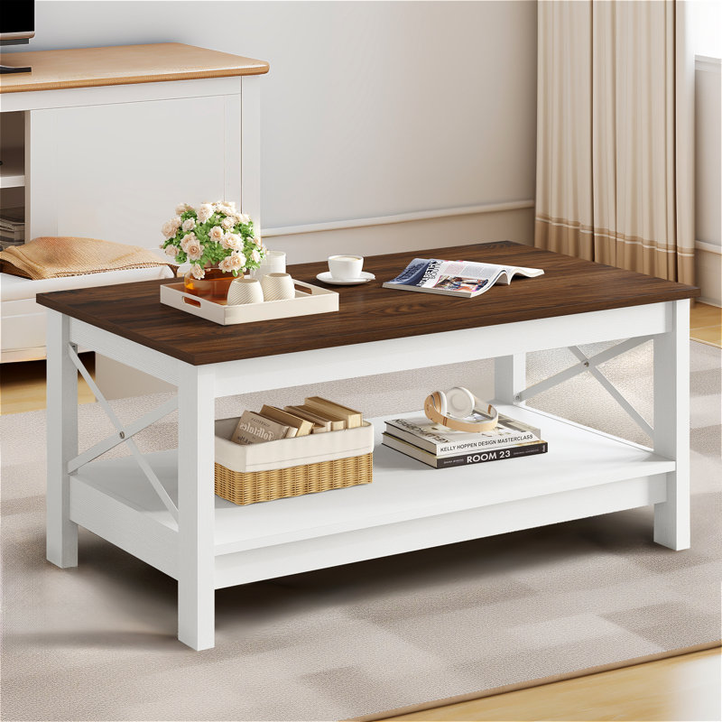O'Kean 39" Rectangular Coffee Table with Storage For Living Room, White, Dark Brown