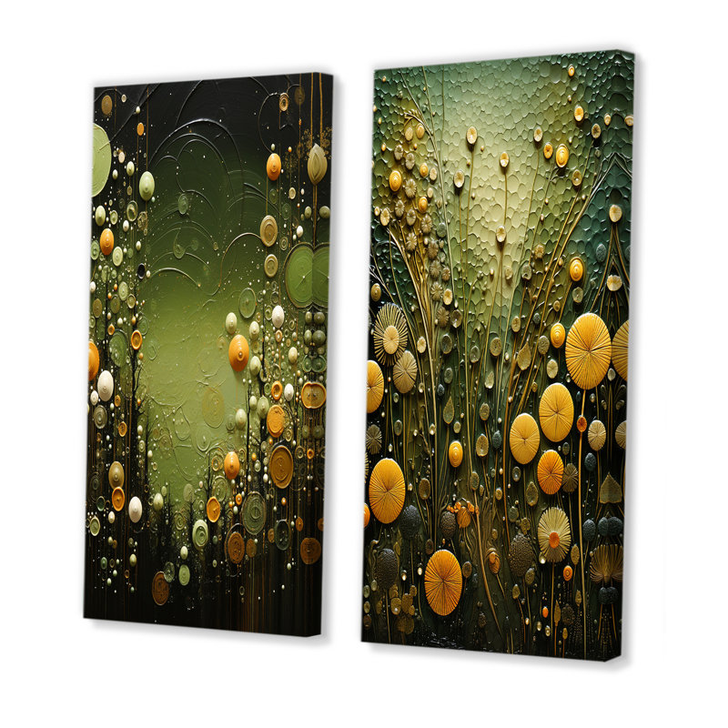 Ensemble de salon vert et jaune avec plantes abstraites botaniques II - Portraits abstraits, Toile tendue, H 28 po x l 25 po