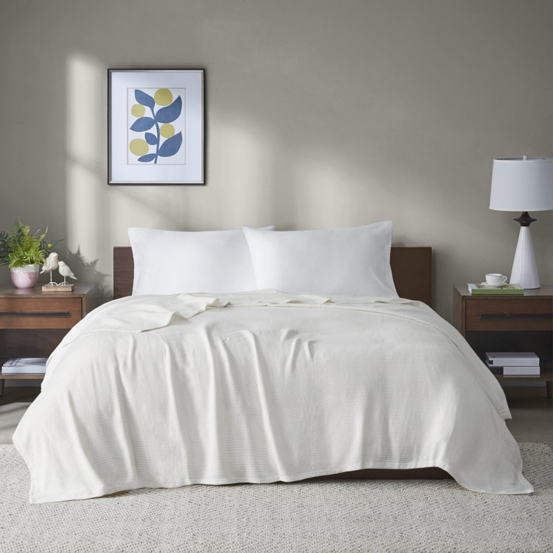 Couverture douce 100% coton Freshspun Basketweave, Grand lit, Crème