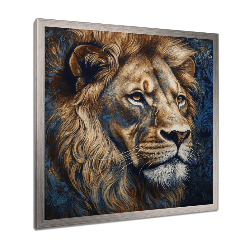 Majestic lion III - décoration murale lion, H 36 po x l 36 po x P 1,5 po, Cadre simple argenté