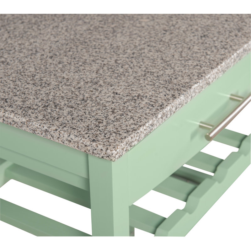 Macy Rolling Granite Kitchen Cart with Utility Drawer & Basket, Green, Granite