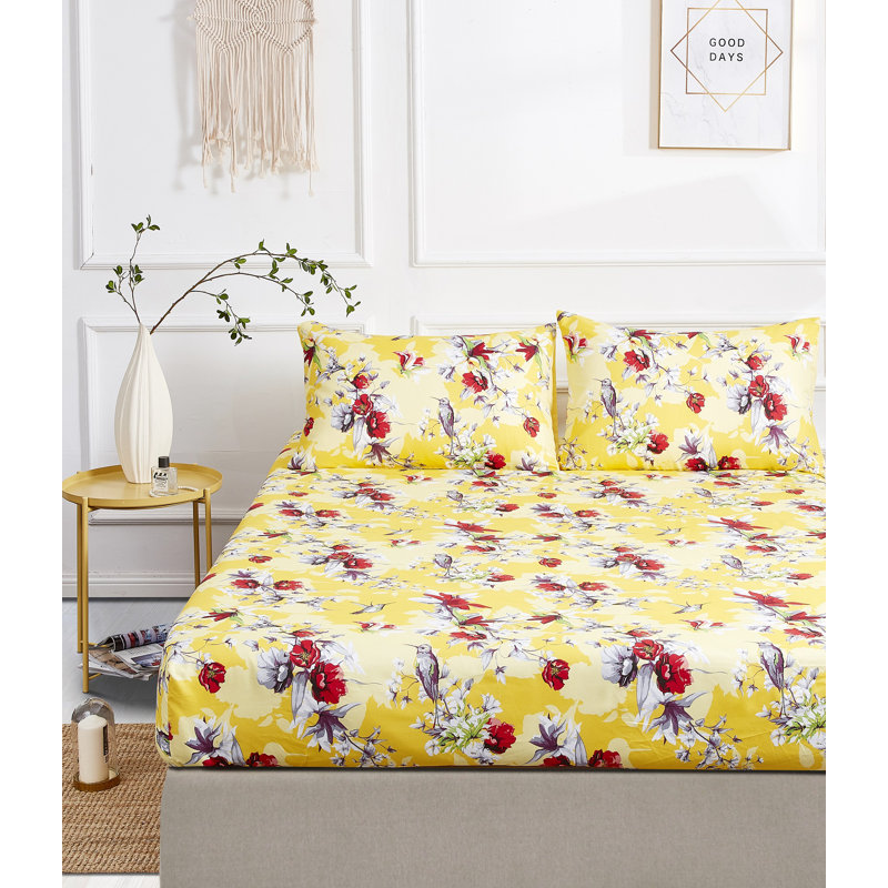 Drap-housse colibris jaunes avec taies d'oreiller, Drap-housse pour taille de lit double avec deux ta