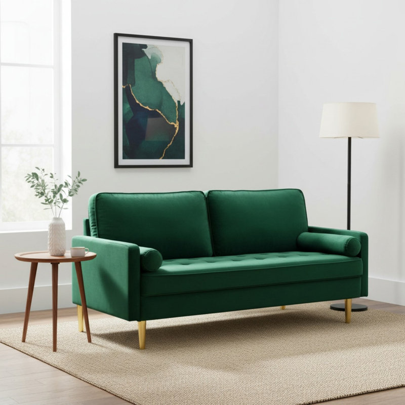 66.92" Modern Velvet Upholstered Square Arm Sofa and Loveseat, Green