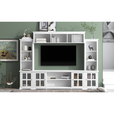 White Tv Console With Bridge And Storage Shelves, Fits 70" Tvs, Multifunctional Entertainment Generous Options Modern For Tempered Glass