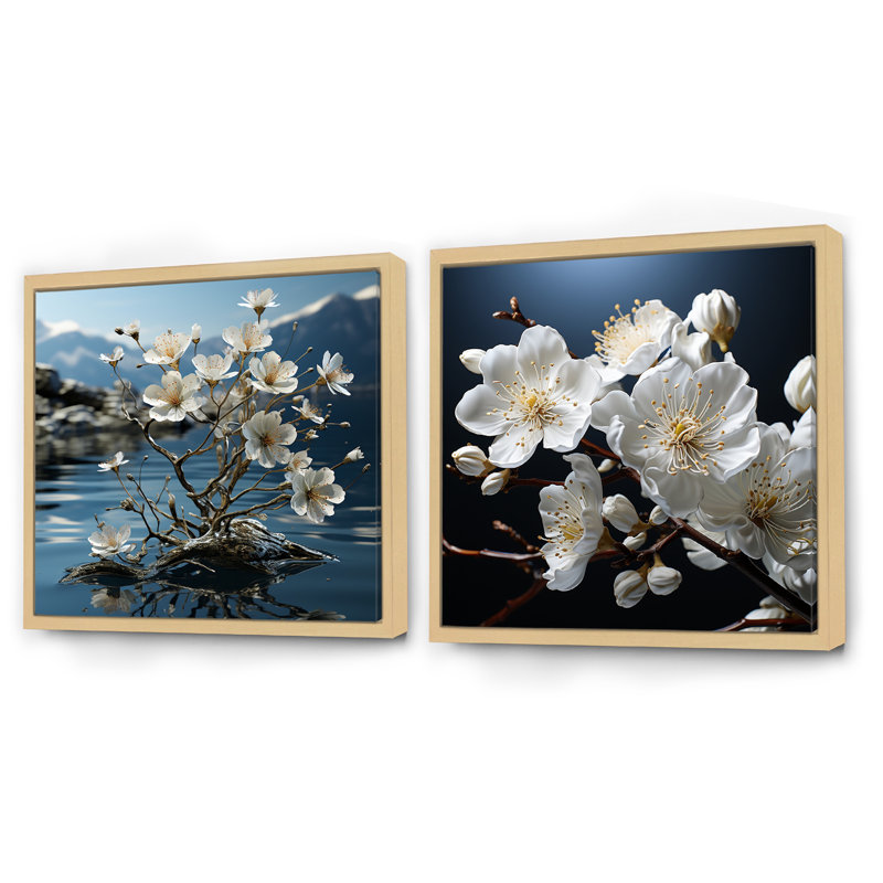 Blossuming Dogwood - Ensemble de 2 collages carrés Dogwood, Cadre flottant brun, H 16 po x l 33 po