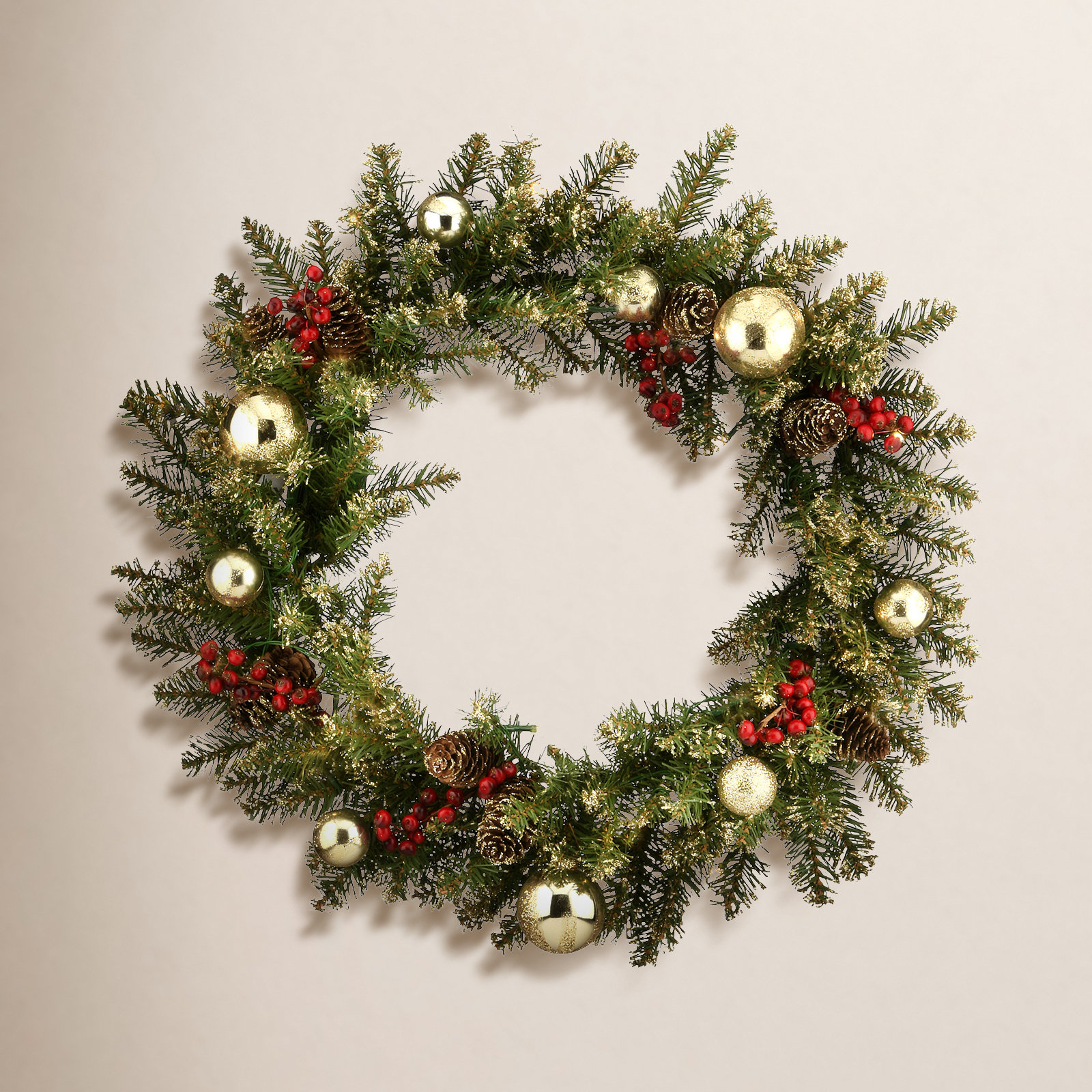 The Holiday Aisle® 24 in. Glittery Gold Dunhill Fir Wreath with Battery Operated LED Lights