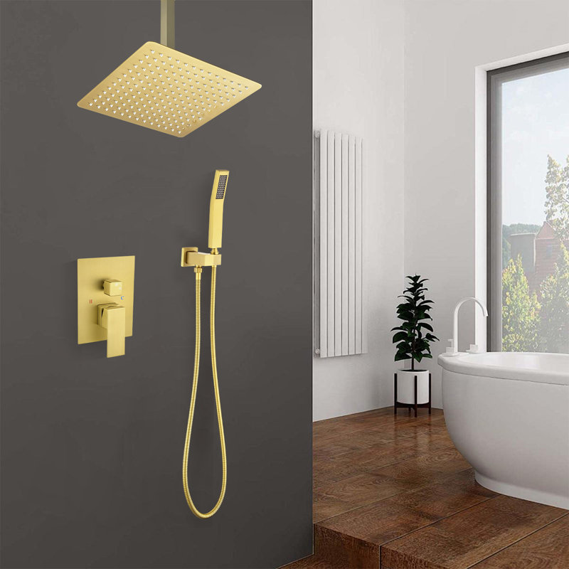 Système de douche de luxe complet à fixation au plafond avec valve brute, Or brossé