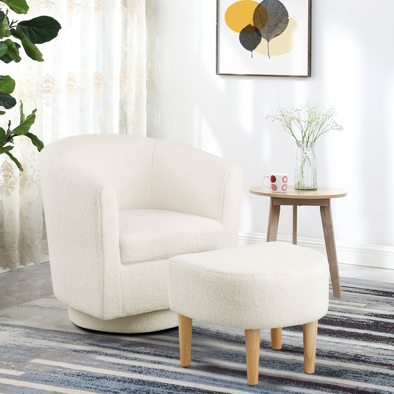 Sharolynn Upholstered Linen 27.6" Wide Swivel Barrel Chair with Ottoman, White Faux Fur Teddy