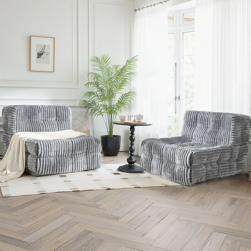2-Piece Modern Armless Channel-Tufted Accent Chairs In Faux Fur Upholstery, Gray