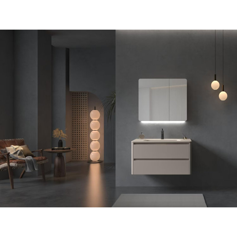 31.5" Floating Bathroom Vanity Set, Wall-Mounted Vanity Base, LED Mirror Storage Cabinet, Solid Surface On-Piece Sink Top