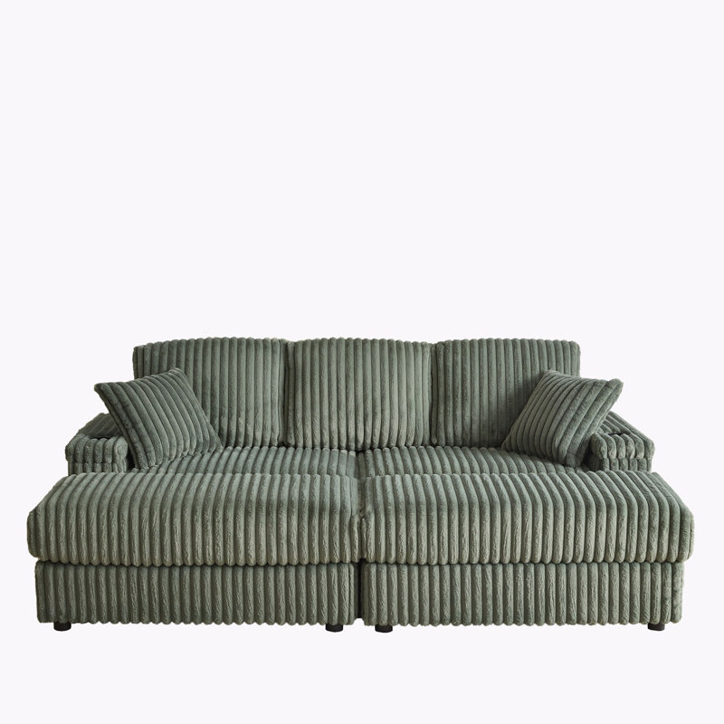 Corduroy 3-Seater Sofa With 3 Back Pillows, 2 Toss Pillows , A Ottoman, 2 Storage Spaces And Cup-Holding Grooves