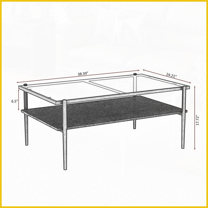 Modern Gray Glass Coffee Table for Living Room, Easy-Clean &amp; Sturdy, 38.4”L x 24.2”W, Black