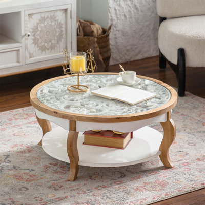 Table basse ronde en bois avec plateau en verre (table incluse seulement)