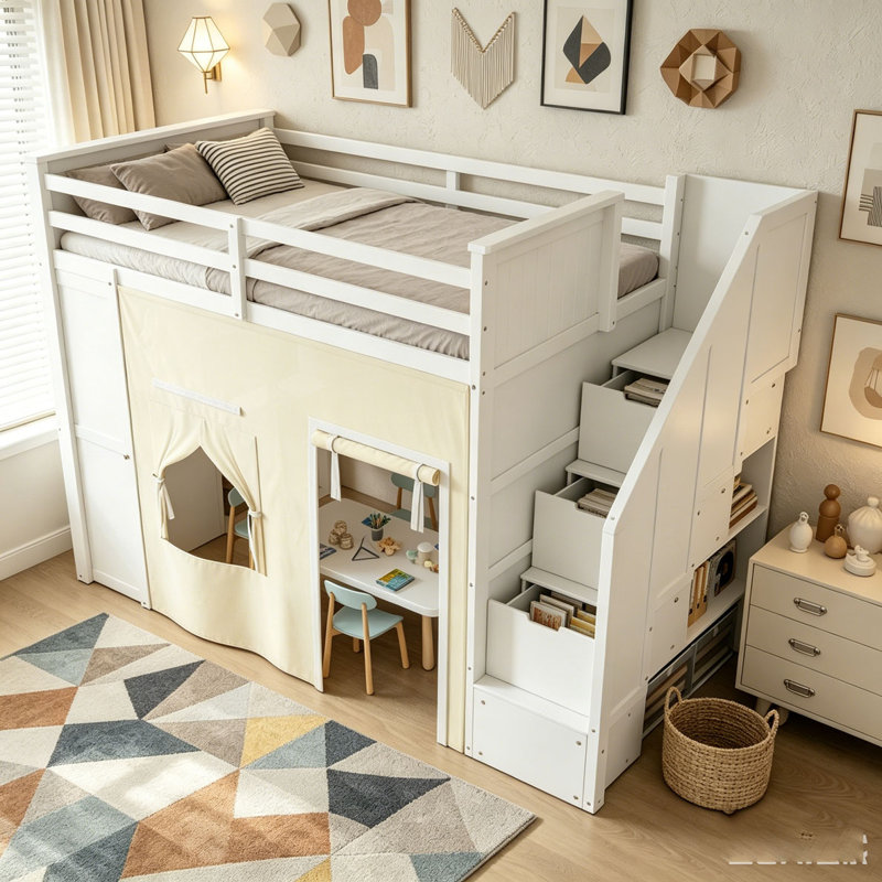 Lit mezzanine simple avec bureau, tiroirs et escalier de rangement