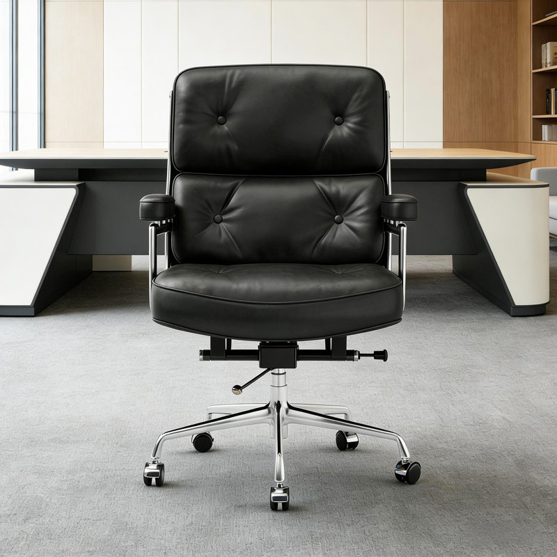 Fauteuil de direction en cuir véritable à dossier moyen avec structure en aluminium et fauteuil pivotant pour ordinateur
